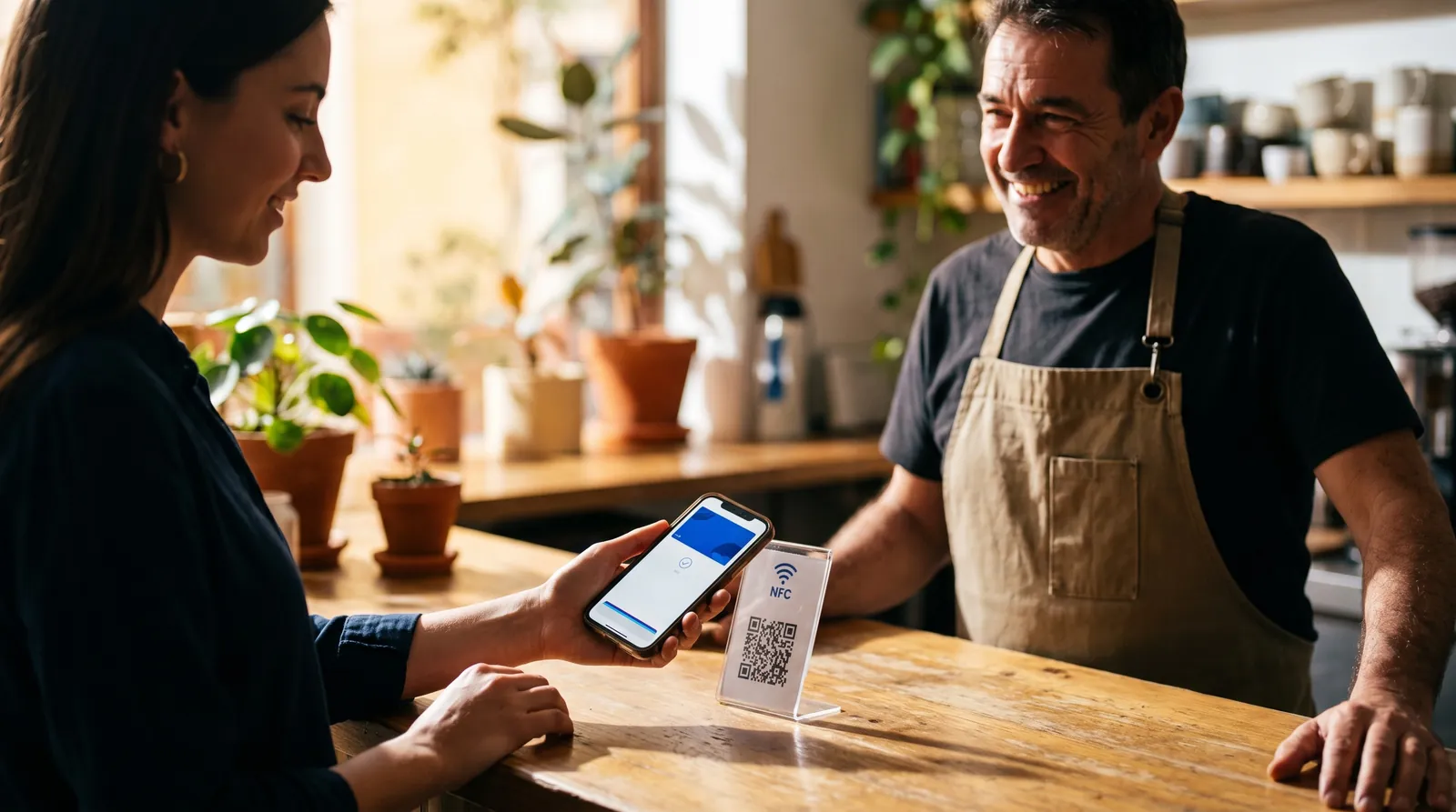 En el mostrador de una tienda, una clienta acerca el móvil al expositor NFC y QR mientras el dueño sonríe
