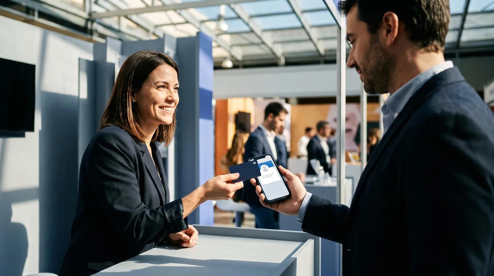 En el stand de una feria, una mujer acerca su tarjeta NFC al móvil de un visitante